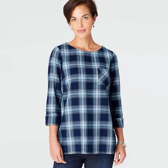J. Jill Blue Plaid Tunic Blouse Size Medium Button Back - Picture 1 of 9